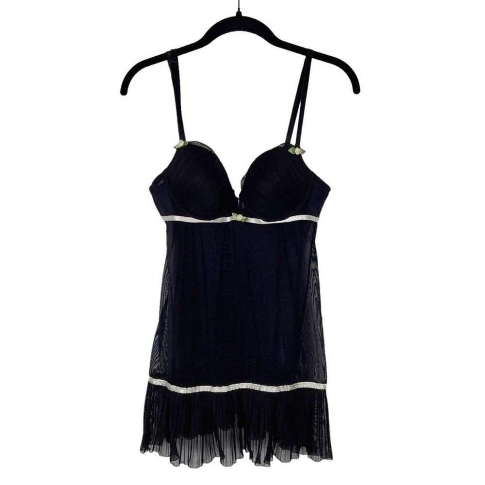 Vintage Y2K Sheer Black Babydoll Teddy Lingerie Women’s Small Rose‎ Detail